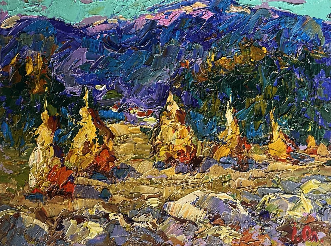 Oil painting Haystacks and mountain view Alex Kalenyuk - 3