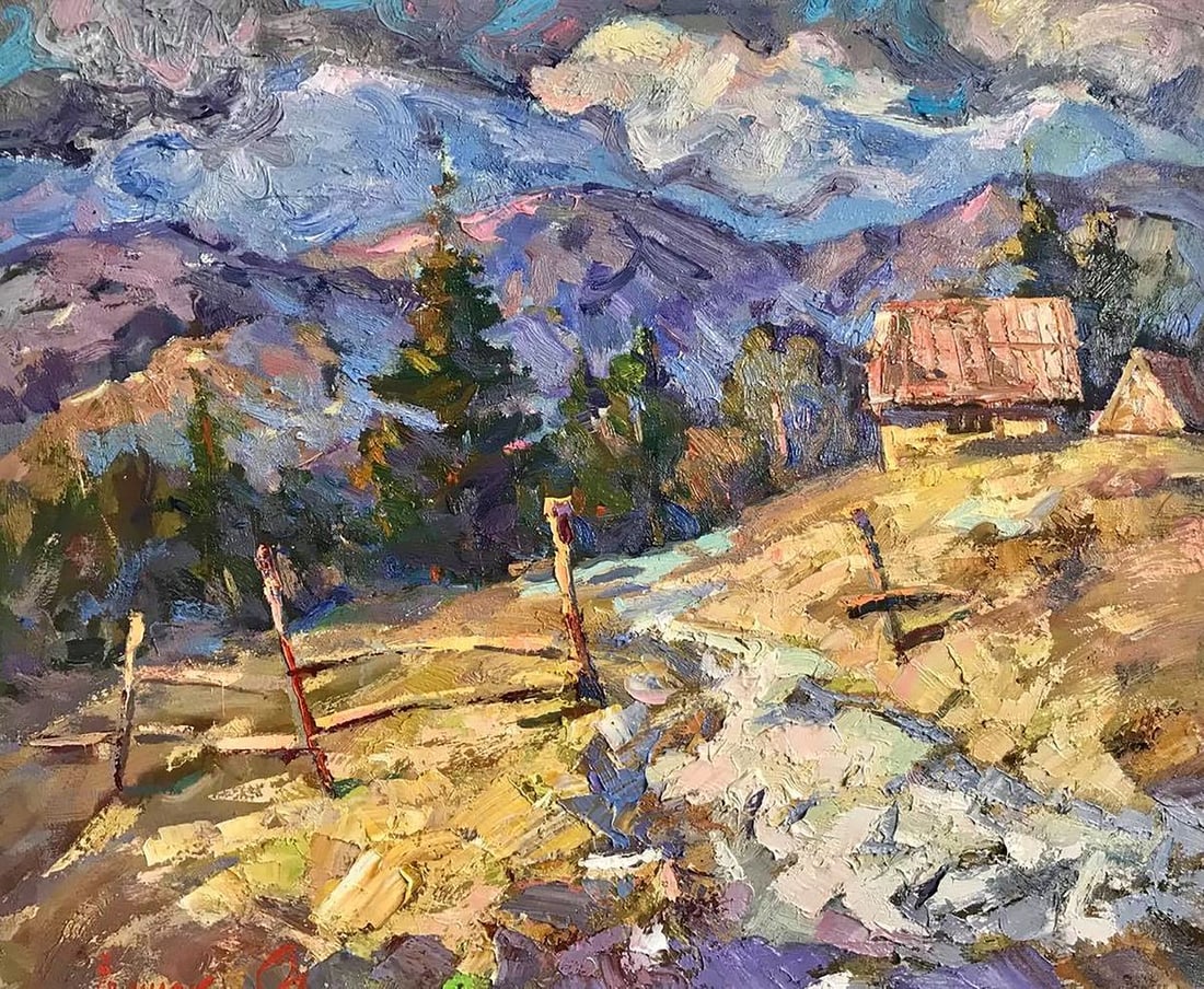 Oil painting Spring in the Carpathians Kalenyuk Alex: NoKalen 414 *** ABOUT THIS PAINTING *** * TITLE: "Spring in the Carpathians" * ARTISTS: Kalenyuk Alex * SIZE: 60x70 cm/'23.62x27.55 inches' * MEDIUM: oil, canvas * HAND PAINTED: Original painting from