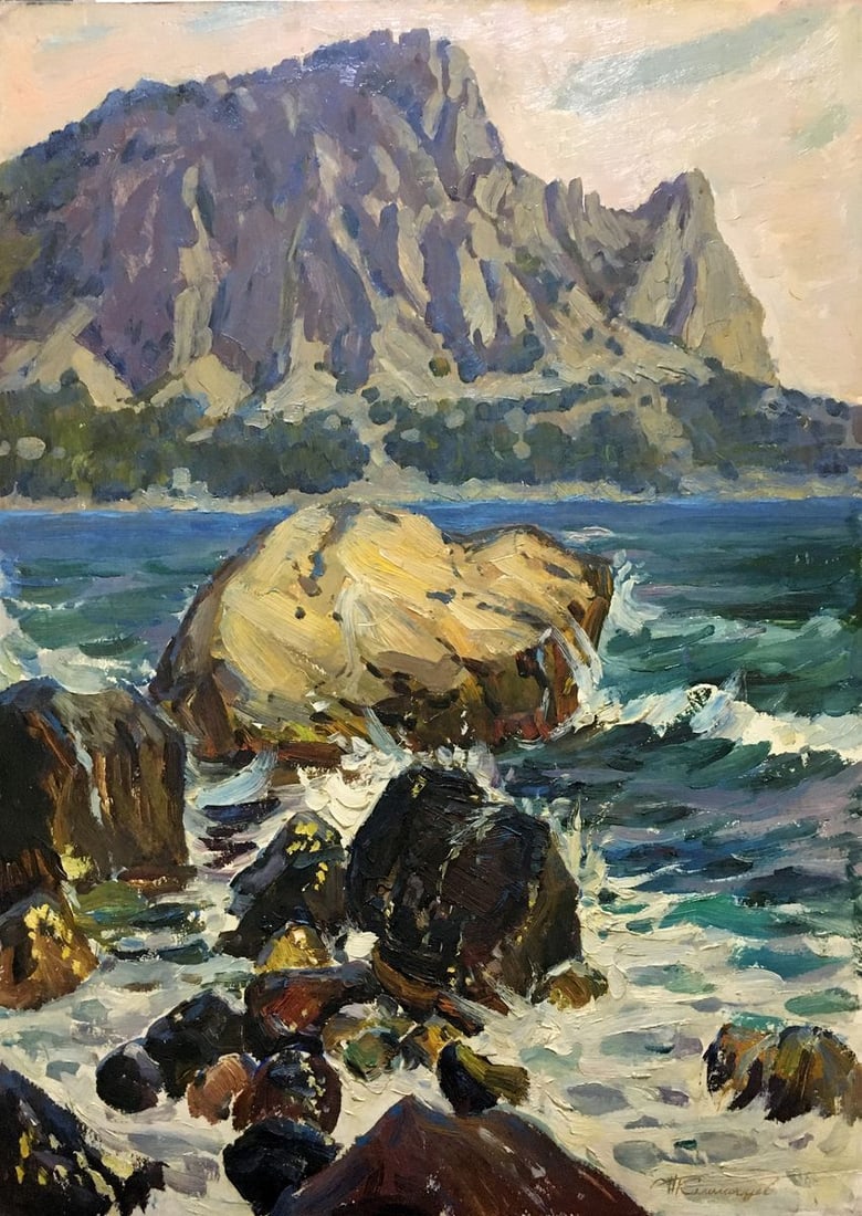 Oil painting Stones by the sea Kolomoitsev Petr Mikhailovich: NoVern 815 *** ABOUT THIS PAINTING *** * TITLE: "Stones by the sea" * ARTISTS: Kolomoitsev Petr Mikhailovich * SIZE: 70x50 cm/'27.55x19.68 inches' * MEDIUM: oil, cardboard * HAND PAINTED: Original pai