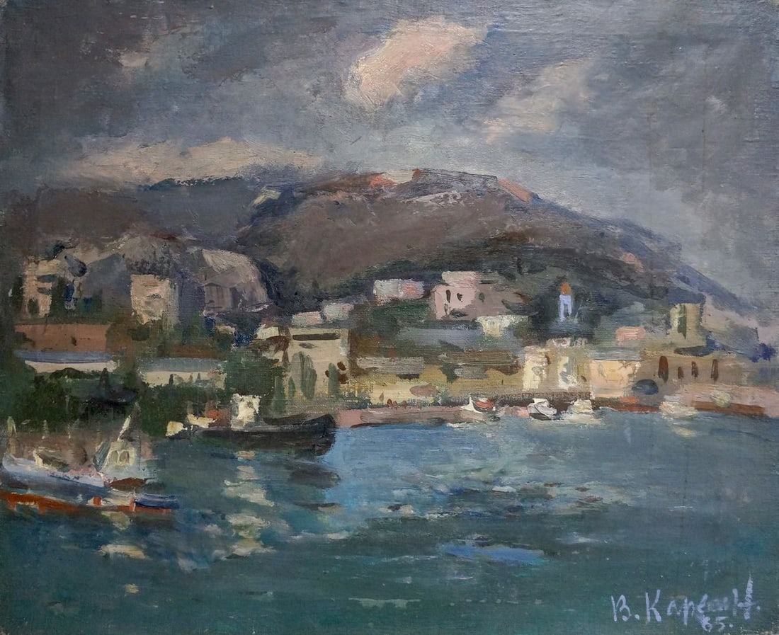 OIl painting City near the coast Karelin Vyacheslav Dmitrievich: NoVern 912 *** ABOUT THIS PAINTING *** * TITLE: "City near the coast" * ARTISTS: Karelin Vyacheslav Dmitrievich * SIZE: 62x75 cm/'24.40x29.52 inches' * MEDIUM: oil, canvas * HAND PAINTED: Original pai