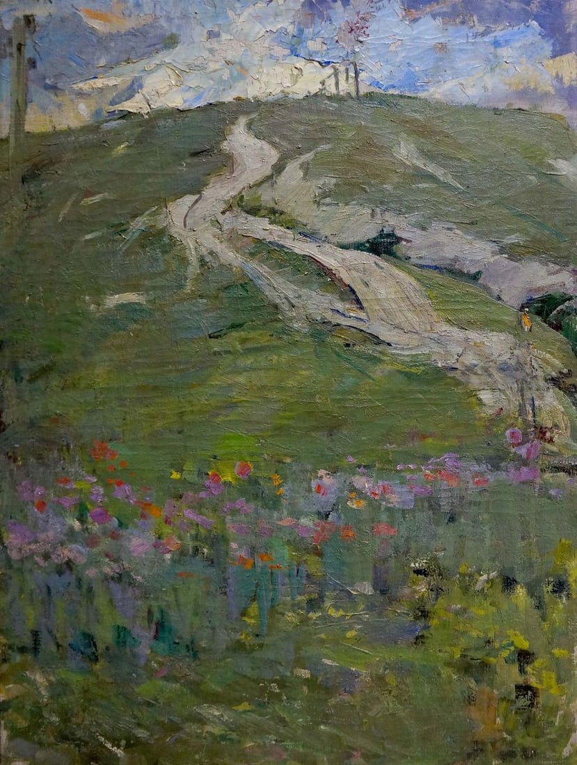 Oil painting Road to the mountains Kapkanets Tamara Nikitichna: NoVern 959 *** ABOUT THIS PAINTING *** * TITLE: "Road to the mountains" * ARTISTS: Kapkanets Tamara Nikitichna * SIZE: 70x50 cm/'27.55x19.68 inches' * MEDIUM: oil, canvas * HAND PAINTED: Original pain