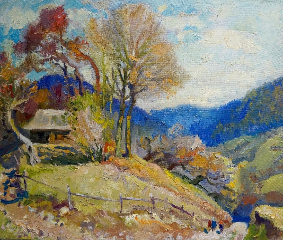 Oil painting House in the mountain range Mynka Alexander Fedorovich: NoVern 1105 *** ABOUT THIS PAINTING *** * TITLE: "House in the mountain range" * ARTISTS: Mynka Alexander Fedorovich * SIZE: 50x60 cm/'19.68x23.62 inches' * MEDIUM: oil, canvas * HAND PAINTED: Origina