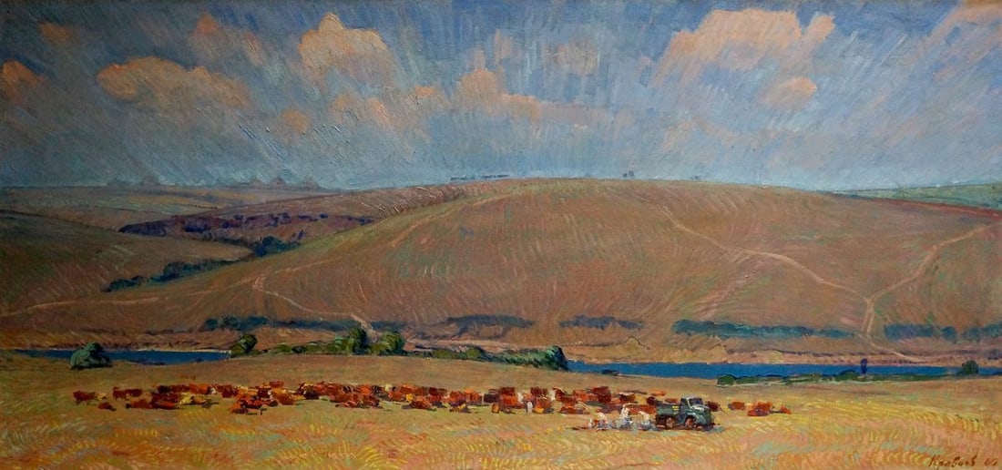 Oil painting Field work Kravtsov Nikolay Fedorovich: NoVern 1396 *** ABOUT THIS PAINTING *** * TITLE: "Field work" * ARTISTS: Kravtsov Nikolay Fedorovich * SIZE: 150x70 cm/'59.05x27.55 inches' * MEDIUM: oil, canvas * HAND PAINTED: Original painting from