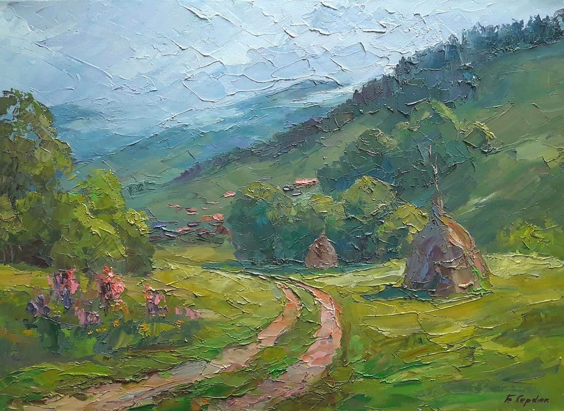 Oil painting Path in the mountains Serdyuk Boris Petrovich: NoSERB 867 This oil painting depicts a serene and peaceful summer mountainous landscape. The focal point of the painting is a path that leads to the distant mountains, drawing the viewer's attention t
