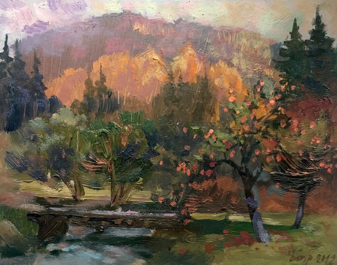 Oil painting Carpathian autumn Batrakov Vladimir Grigorievich: NoAAA2552 *** ABOUT THIS PAINTING *** * TITLE: "Carpathian autumn" * ARTISTS: Batrakov Vladimir Grigorievich * SIZE: 23.5x18.5 cm/'9.25x7.28 inches' * MEDIUM: oil, cardboard * HAND PAINTED: Original p