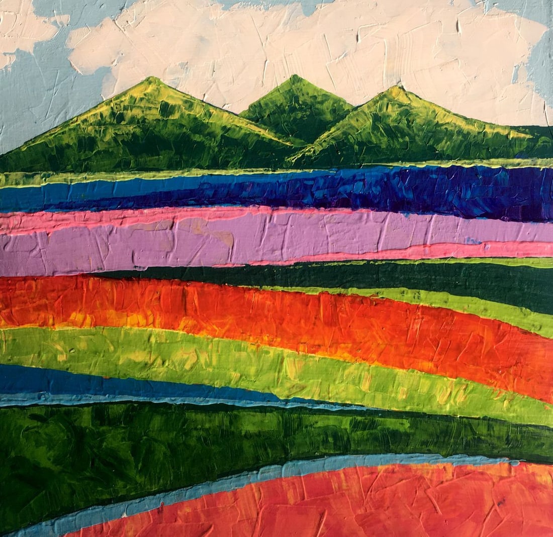 Oil painting Beyond the mountains Zadorozhnya V. V.: NoAAA2616 This oil painting captures the stunning beauty of a summer landscape with vibrant colors and picturesque scenery. In the background, green mountains rise majestically into the sky, their