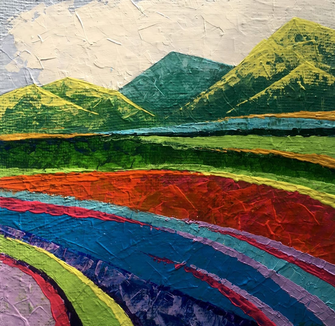 Oil painting Big mountains Zadorozhnya V. V.: NoAAA2620 "Summer Splendor" is an oil painting that captures the stunning beauty of a serene landscape during a sunny day. The background of the painting features majestic green mountains that rise