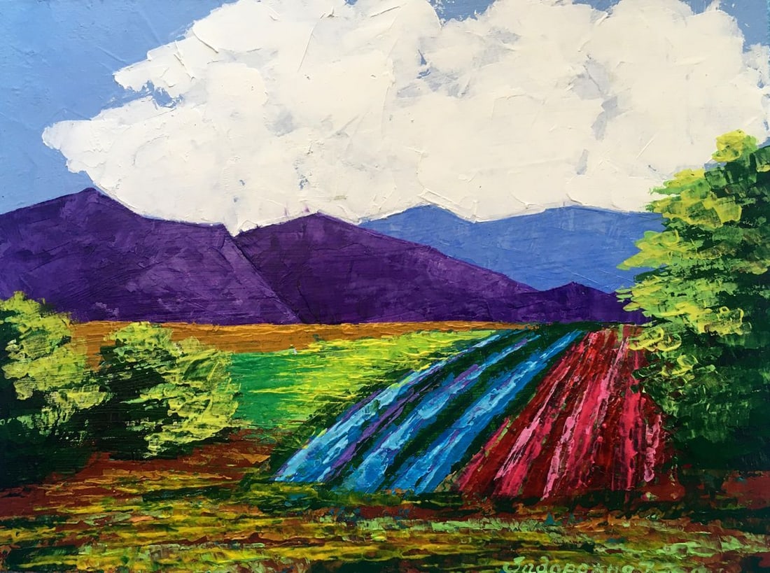 Oil painting Vineyards Zadorozhnya V. V.: NoAAA2638 This oil painting captures a breathtaking view of the summer landscape with gray mountains in the distant background. The mountains are shrouded in a misty haze, and behind them, white fluff
