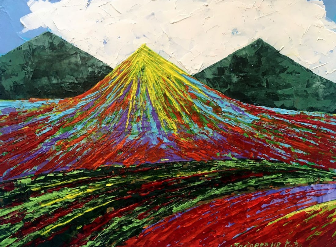 Oil painting In the mountains Zadorozhnya V. V.: NoAAA2641 The oil painting depicts a breathtaking summer landscape, with the majestic silhouette of big green mountains looming in the background. The artist has skillfully captured the essence of
