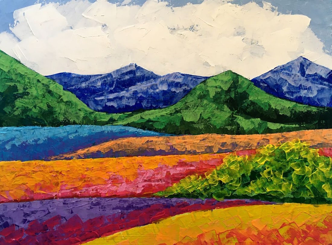 Oil painting Fresh air in the mountains Zadorozhnya V. V.: NoAAA2645 "Summer's Canvas" is an oil painting that captures the vibrant colors and majestic beauty of nature during the warm season. The painting depicts a breathtaking landscape of vast mountains,