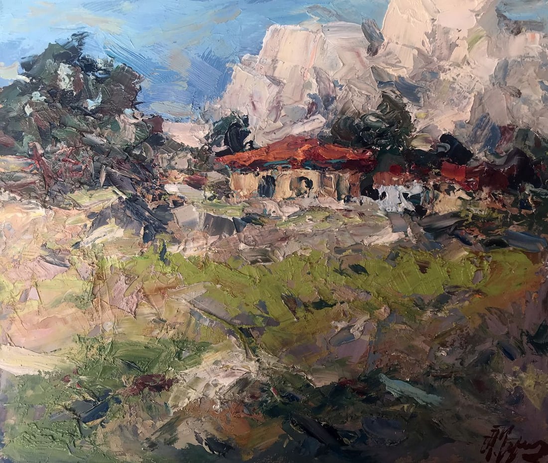 Oil painting A village in the mountains Alexander Nikolaevich Cherednichenko: NoAAA2803"Village in the Mountains" is an exquisite oil painting that captures the serene beauty of a summer landscape. The artist has skillfully composed this scene, bringing together elements of