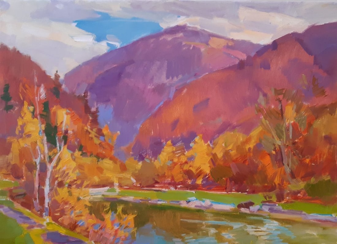 Oil painting River among mountains Tepeta Miacheslav: NoTep 21 *** ABOUT THIS PAINTING *** * TITLE: "River among mountains" * ARTISTS: Tepeta Miacheslav * SIZE: 50x70 cm/'19.68x27.55 inches' * MEDIUM: oil, canvas * HAND PAINTED: Original painting from ou