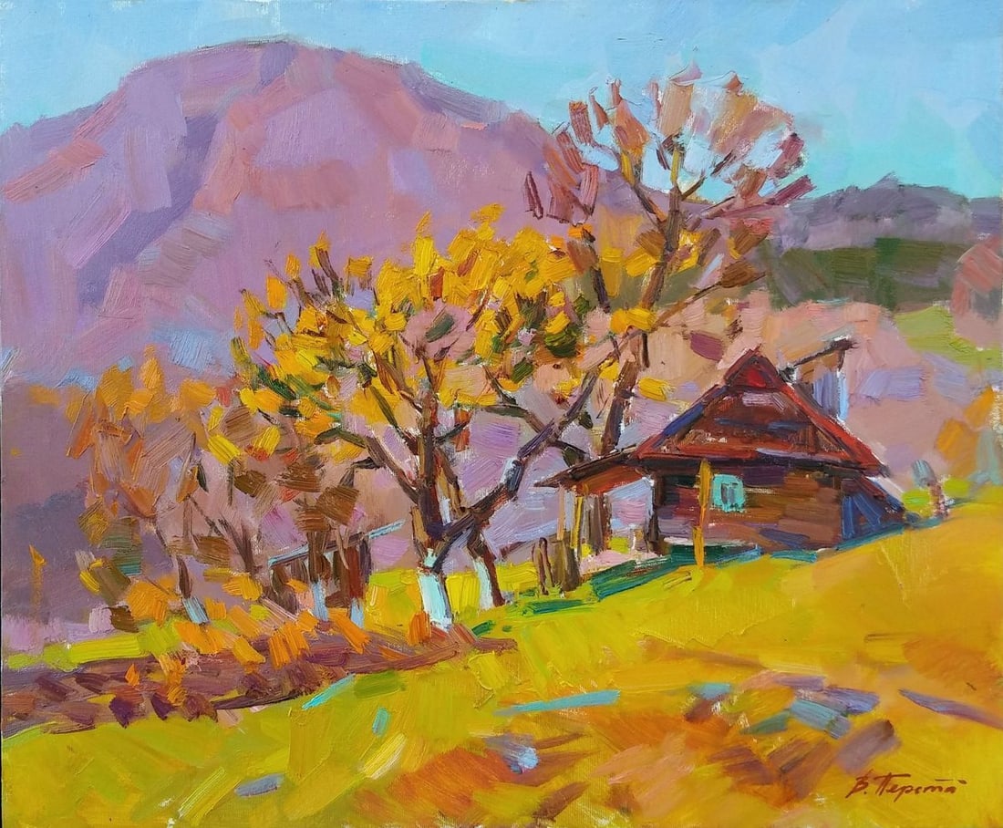 Oli painting A house in the mountains Tepeta Miacheslav: NoTep 67 *** ABOUT THIS PAINTING *** * TITLE: "A house in the mountains" * ARTISTS: Tepeta Miacheslav * SIZE: 50x60 cm/19.68x23.62 inches' * MEDIUM: oil, canvas * HAND PAINTED: Original painting from 