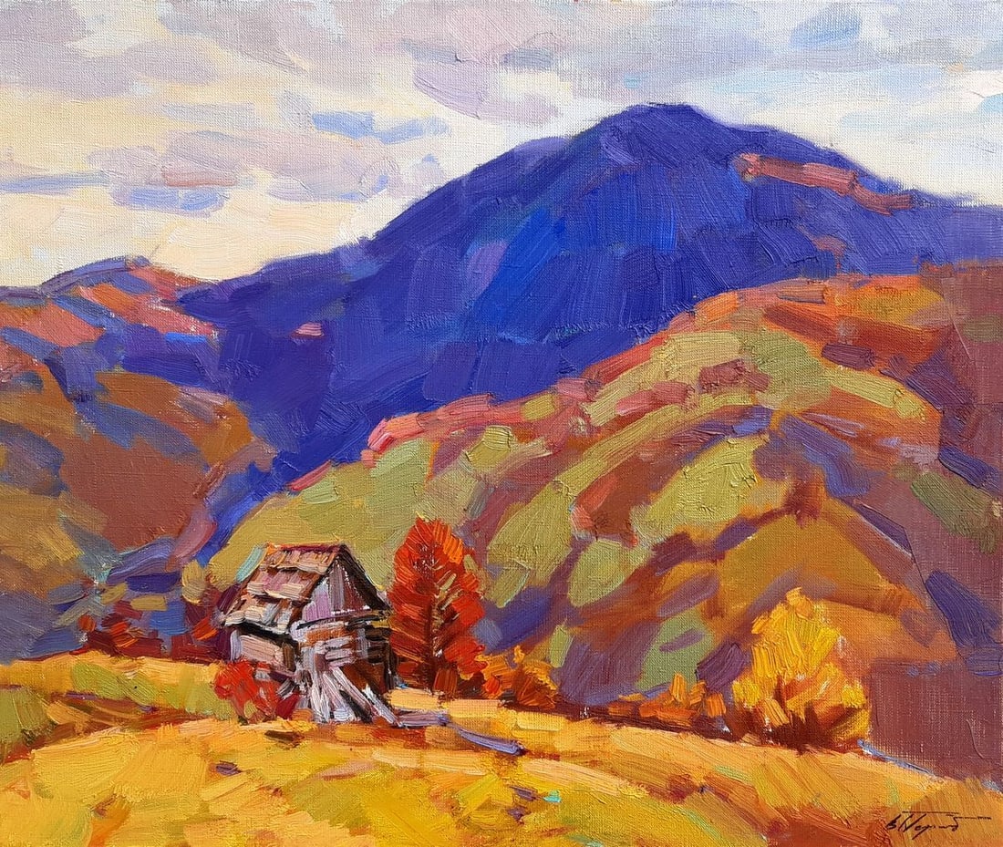 Oli painting Blue Mountain Tepeta Miacheslav: NoTep 136"Blue Mountain" is a captivating oil painting that beautifully captures the essence of an autumn landscape. The artwork portrays a serene and tranquil scene, evoking a sense of quiet beauty a