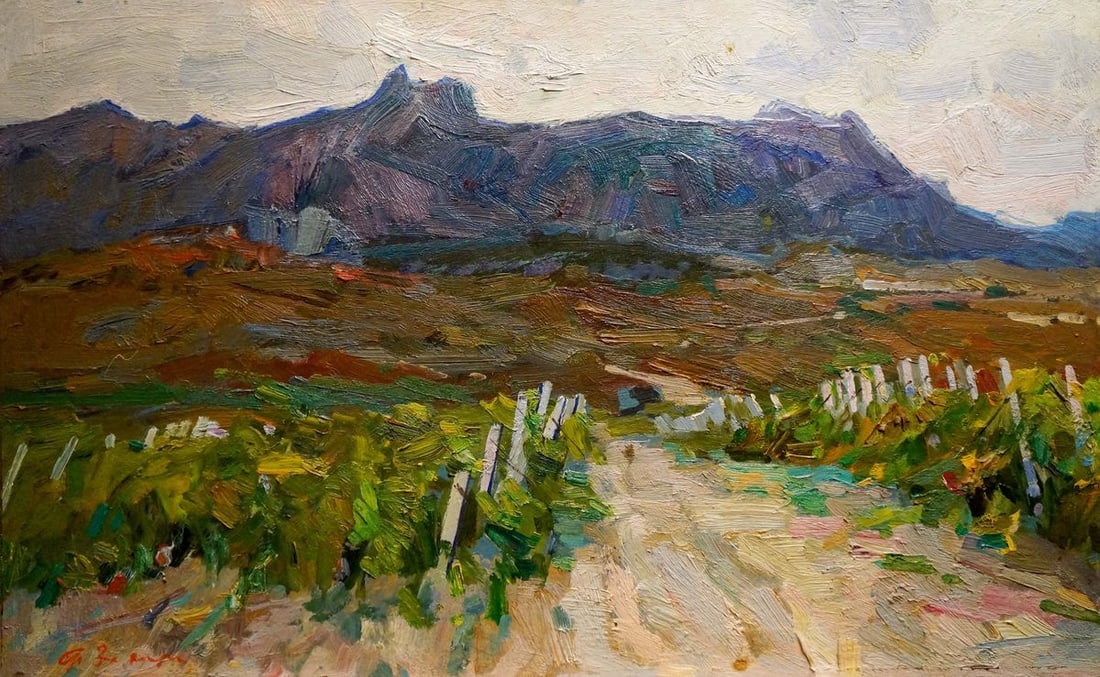 Oil painting In the vineyards Zakharov Fedor Zakharovich: NoVerne 236 *** ABOUT THIS PAINTING *** * TITLE: "In the vineyards" * ARTISTS: Zakharov Fedor Zakharovich * SIZE: 50x80 cm/'19.68x31.49 inches' * MEDIUM: oil, cardboard * HAND PAINTED: Original