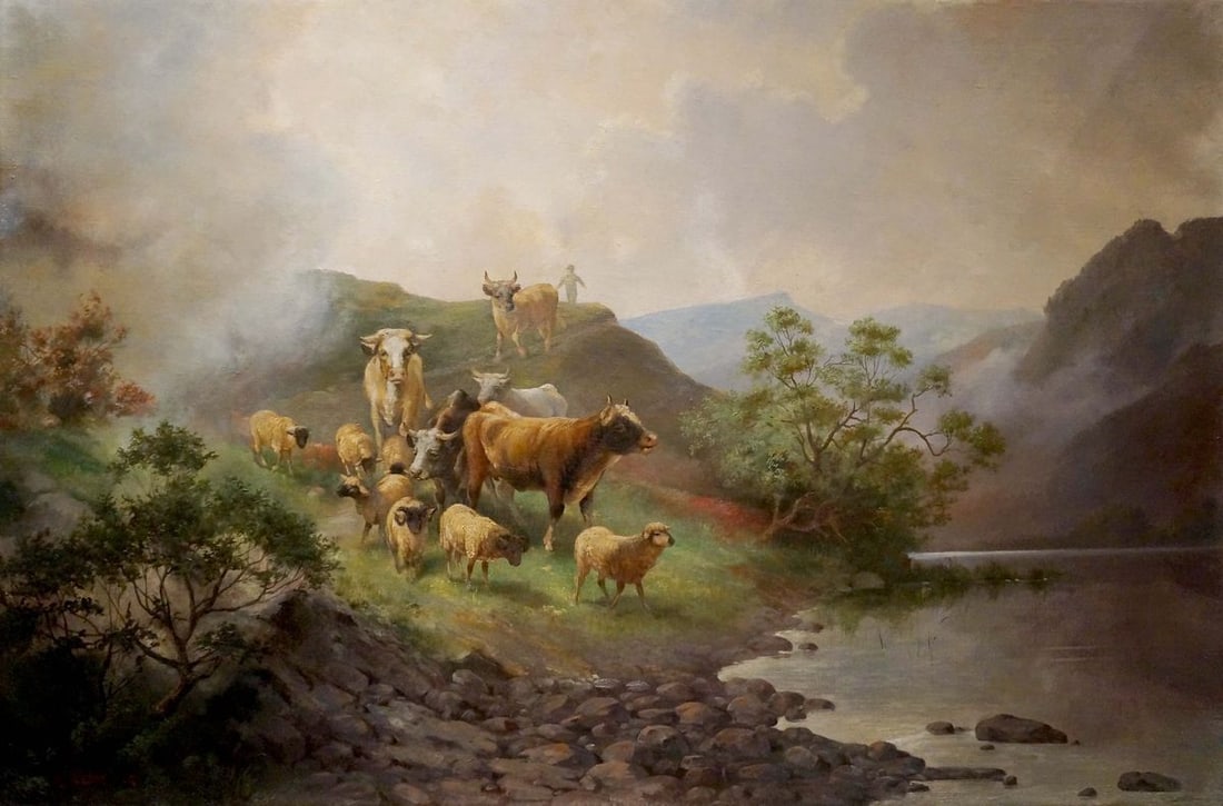 Oil painting Animals at the pond: NoVerne 238 *** ABOUT THIS PAINTING *** * TITLE: "Animals at the pond" * ARTISTS: Unknown artist * SIZE: 80x120 cm/'31.49x47.24 inches' * MEDIUM: oil, canvas * HAND PAINTED: Original painting from
