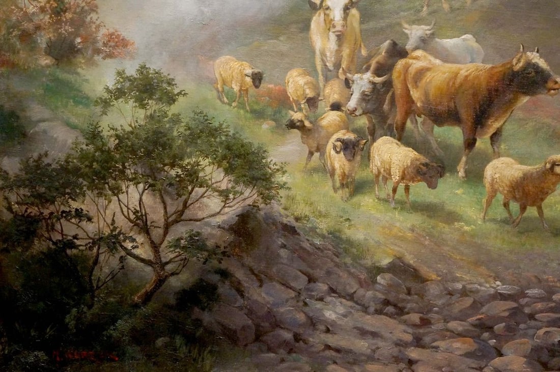 Oil painting Animals at the pond - 2
