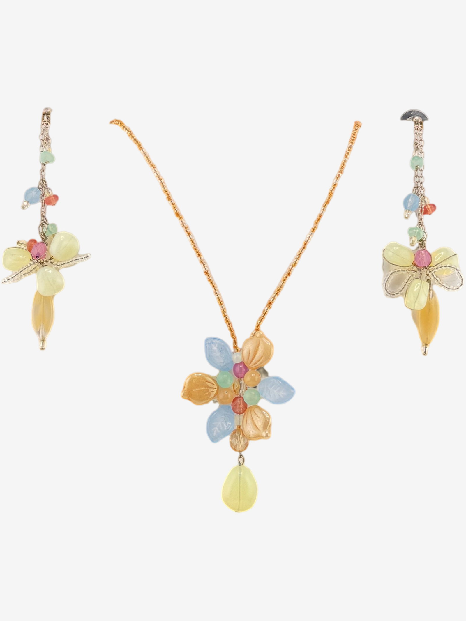 Colorful Beaded Floral Necklace and Earring Set: A whimsical and vibrant jewelry set featuring a necklace and a pair of matching dangle earrings. Each piece is crafted with an assortment of colorful glass and acrylic beads, forming delicate floral