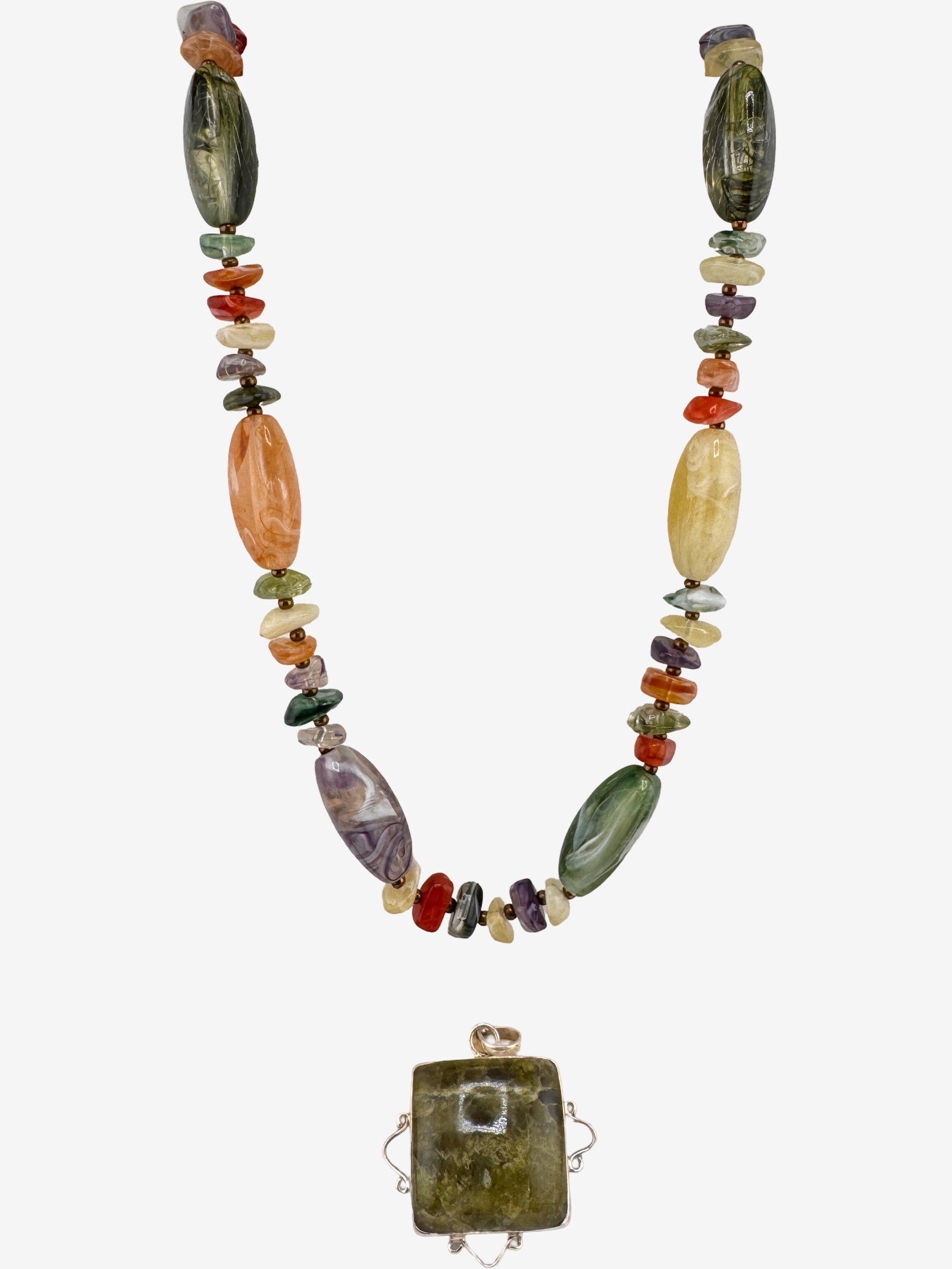Multi-Gemstone Beaded Necklace with Sterling Silver Large Pendant 25.6g (incl. stone): This vibrant necklace features a dynamic assortment of polished, irregularly-shaped gemstones in various sizes, strung together to create a colorful and eye-catching piece. The primary beads are elong
