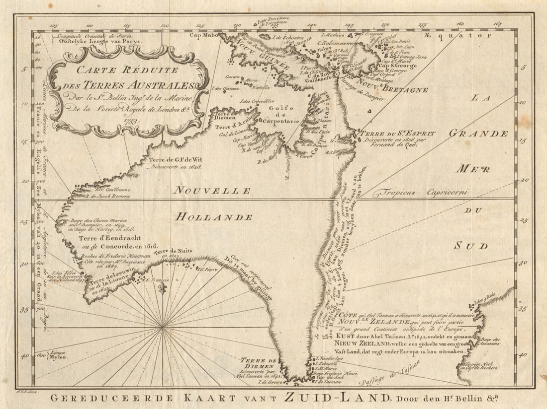 Carte réduite des Terres Australes'. Pre-Cook Australia. BELLIN/SCHLEY 1758 map: Title: Carte réduite des Terres Australes'. Pre-Cook Australia. BELLIN/SCHLEY 1758 map Description: Carte réduite des Terres Australes [Reduced map of Terra Australis]. A pre-Cook map of Aus