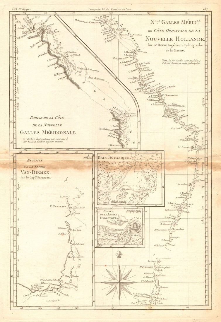 Nouvelle Galles Méridionale. Australia East Coast. NSW QLD TAS. BONNE 1788 map: Title: Nouvelle Galles Méridionale. Australia East Coast. NSW QLD TAS. BONNE 1788 map Description: [Cook 3e Voyage] Nouvelle Galles Méridionale, ou côte Orientale de la Nouvelle Holland