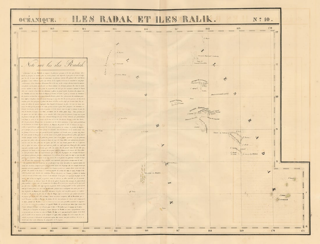 Océanique. Iles Radak et Iles Ralik #10. Marshall Islands. VANDERMAELEN 1827 map: Title: Océanique. Iles Radak et Iles Ralik #10. Marshall Islands. VANDERMAELEN 1827 map Description: Océanique - Iles Radak et Iles Ralik [Note sur les îles Radak] - No. 10. The Ralik a