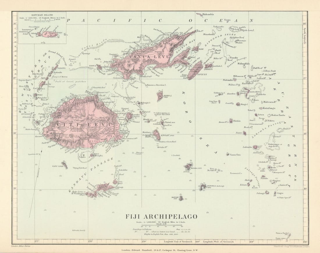 Fiji Archipelago. Vanua Levu. Viti Levu. Rotumah. STANFORD 1896 old map (1 of 1)