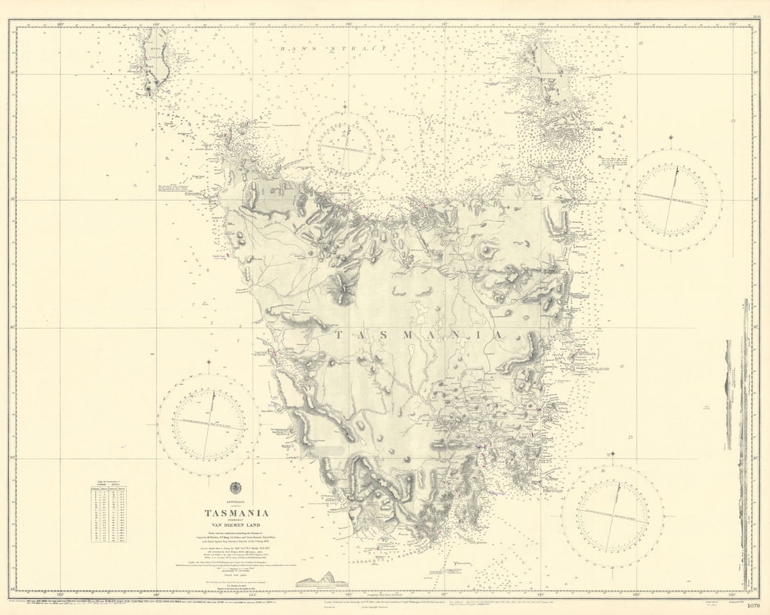 Tasmania / Van Diemen Land. Australia. ADMIRALTY sea chart 1860 (1955) old map: Title: Tasmania / Van Diemen Land. Australia. ADMIRALTY sea chart 1860 (1955) old map Description: Australia - Tasmania, formerly Van Diemen Land'. From various authorities, including the surveys of C