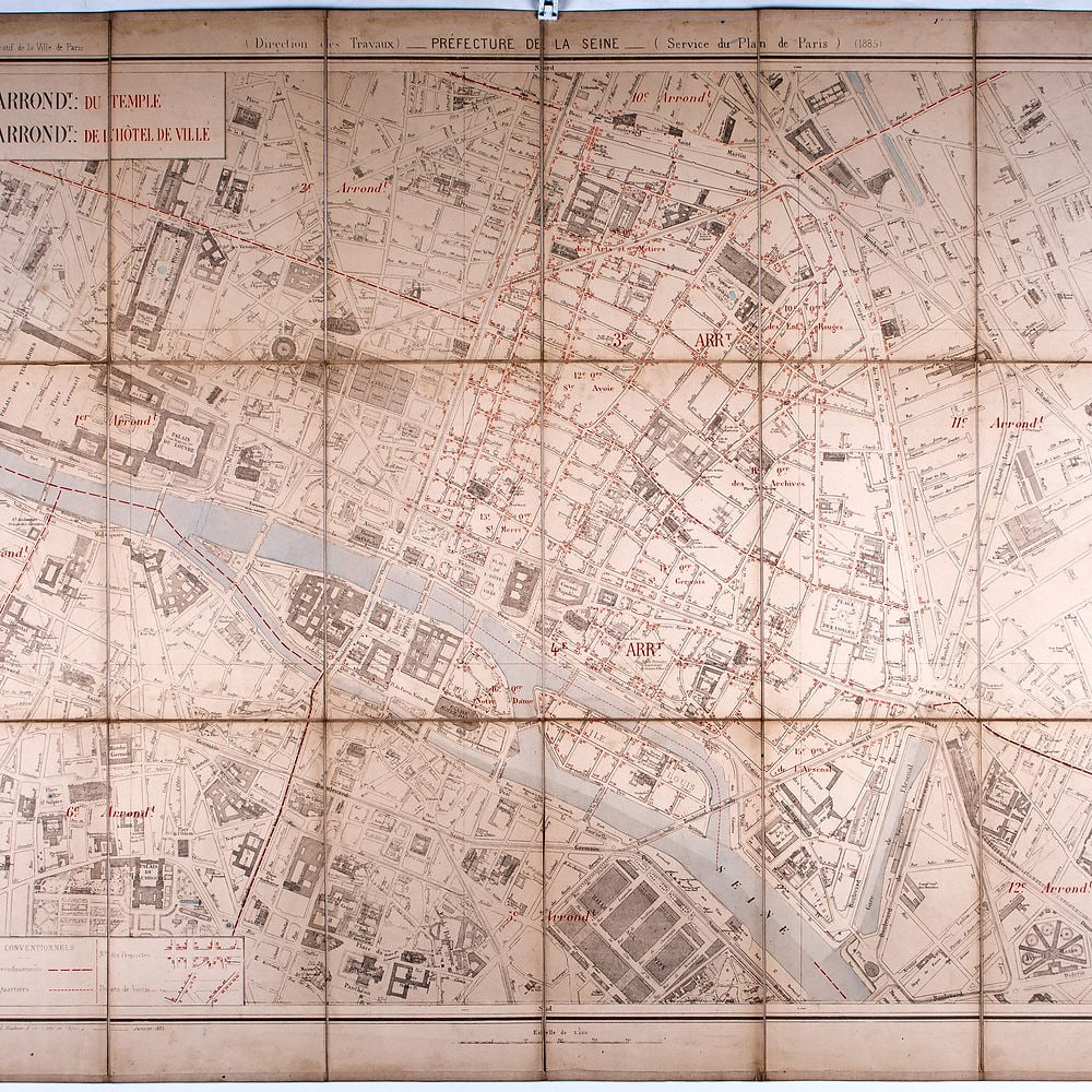 Paris detailed map of the 4 and 3 arrondissements 1885 Survey map: Atlas administrative de la ville de Paris map of the 3 and 4 arrondissements ( Administrative atlas of the city of Paris map of the 3 and 4 arrondissements ) from 1885 . Those maps were used to survey