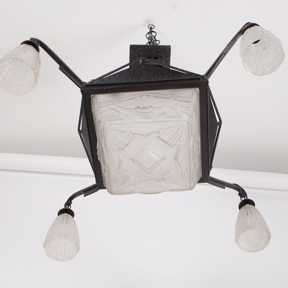 FRENCH ART DECO CHANDELIER MOLDED pressed GLASS MULLER LUNEVILLE 4 lights - 2