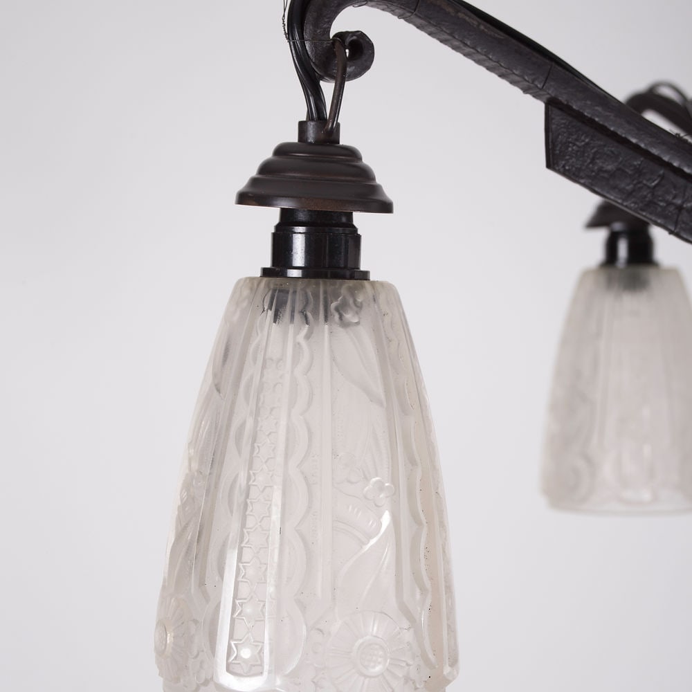FRENCH ART DECO CHANDELIER MOLDED pressed GLASS MULLER LUNEVILLE 4 lights - 4