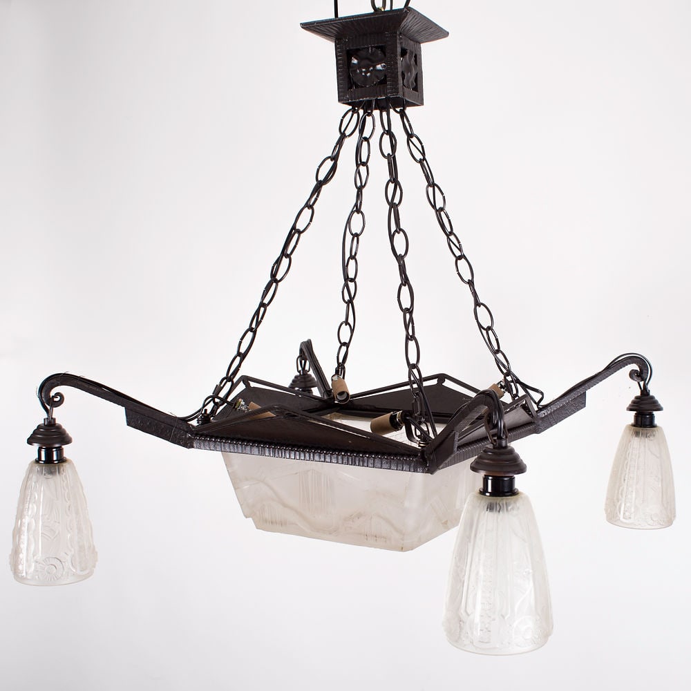 FRENCH ART DECO CHANDELIER MOLDED pressed GLASS MULLER LUNEVILLE 4 lights - 5