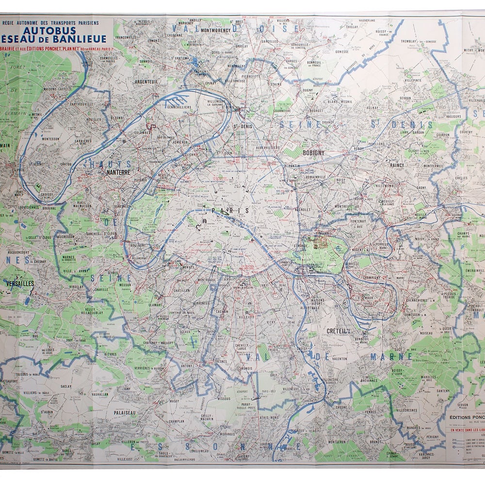 Large Paris bus stop RATP including surrounding suburb 1963 Tarride: Very Large Paris and surrounding bus stop map with numbered lines edited by Tarride circa 1963 , The Taride publishing house was created in 1852 by Alphonse Taride who was one of the first to make roa