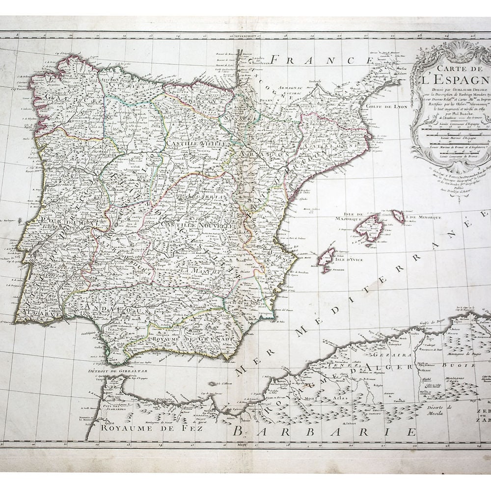 e L'Isle Philippe Buache Engraved cooper map of Spain 1789 (1 of 2)