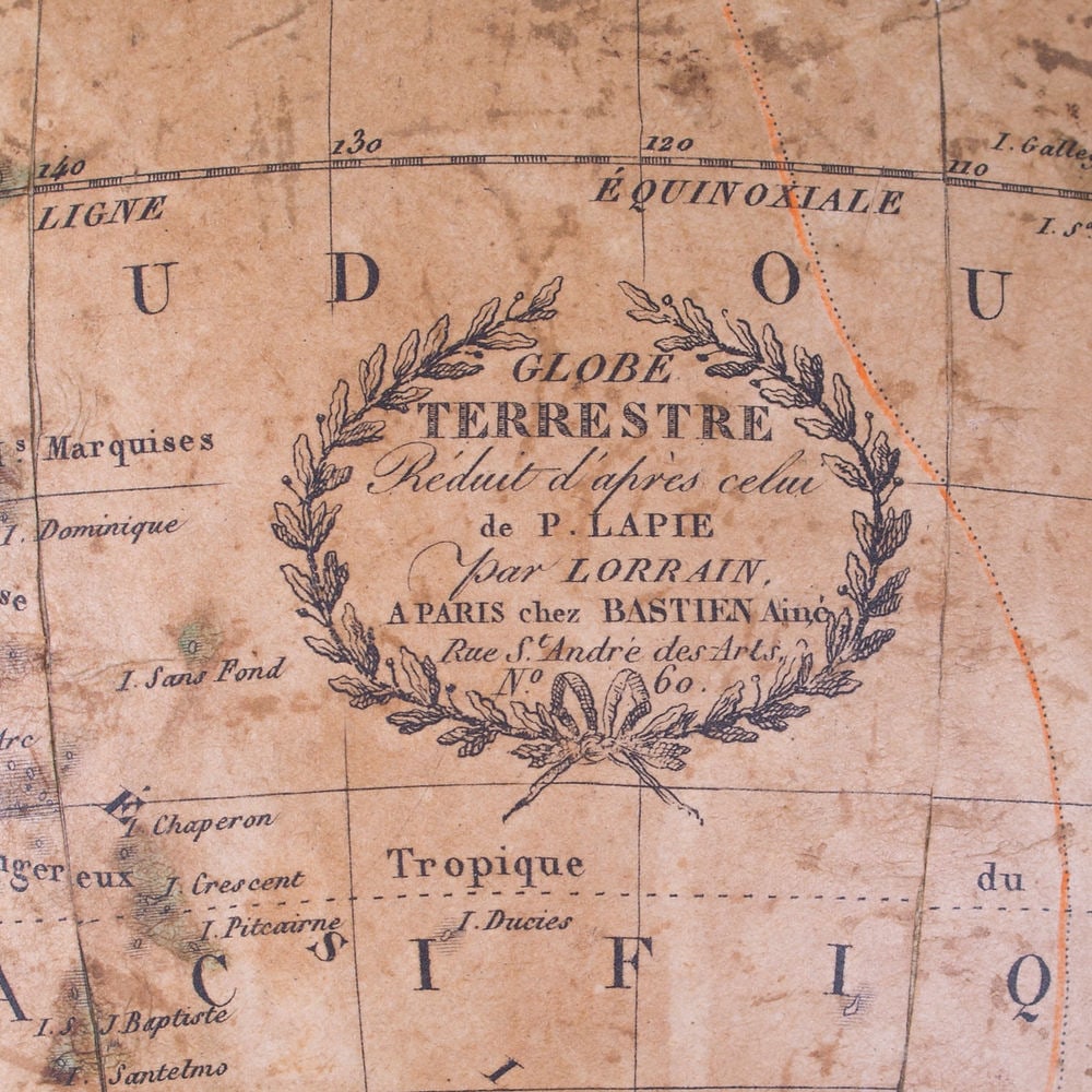 1820 French antique terrestrial globe 10" cooper engraving Lapie geograp - 7