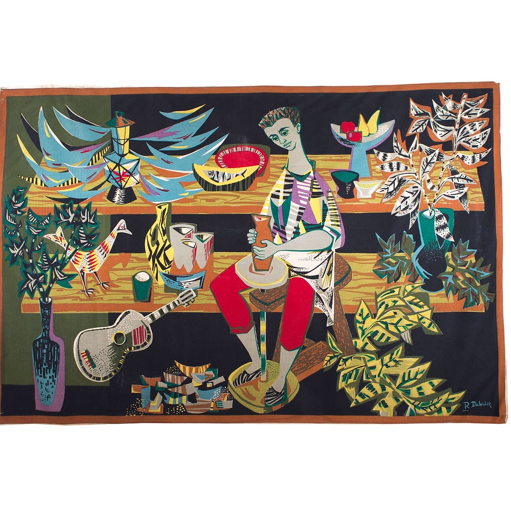 FRENCH TAPESTRY Debieve MODERNIST AUBUSSON Robert Four The potter: Made in France in the 1960 this wool tapestry reflect the democratic desire of that time to produce affordable art . Those tapestry are to be placed on wall to bring an organic feel to a mid century i