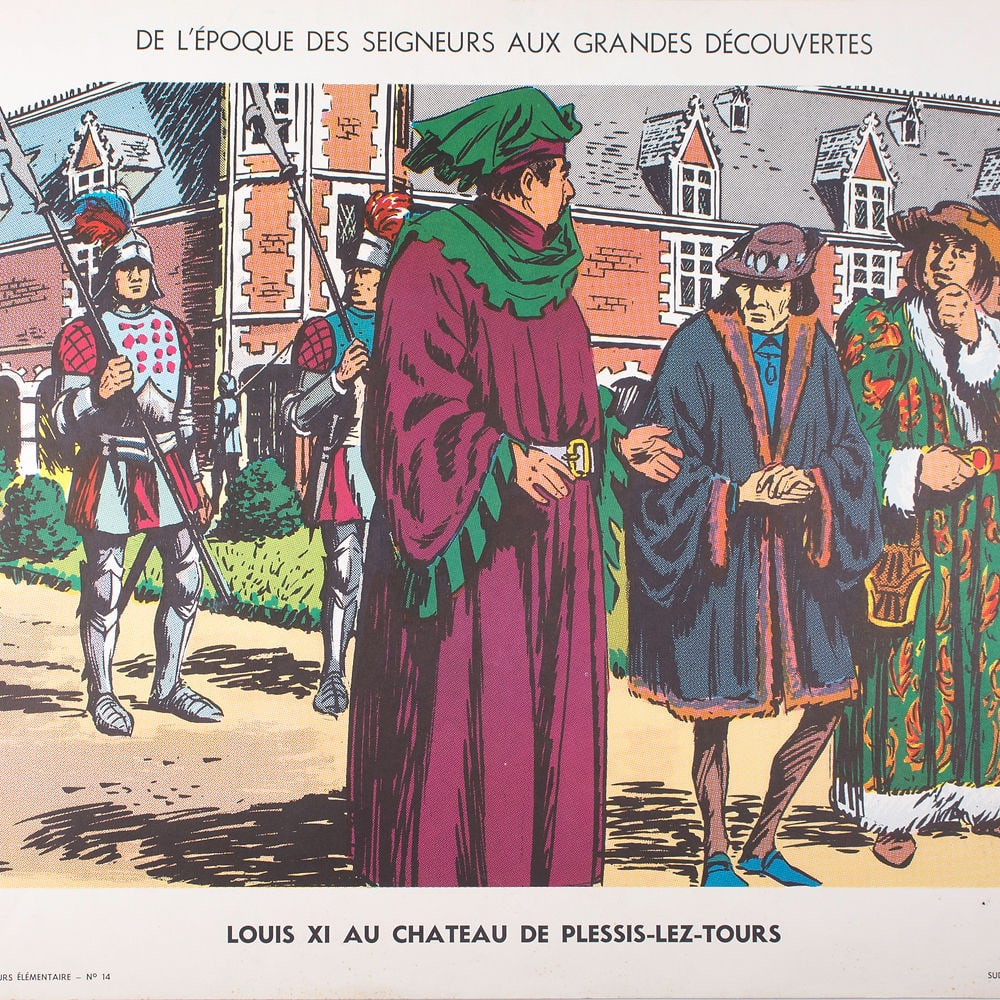 Vintage History French School Poster, Sudel , plate 11 and 15 double s: Original educational history poster for elementary school, printed by the Imprimerie Georges Lang. Carries a vibrant offset print on both sides of the paper. This features No.10 and 14 from the Tablea