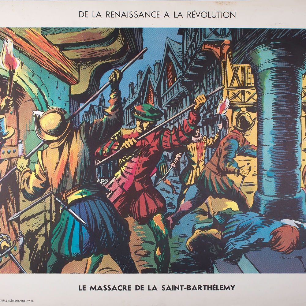 Vintage History french School Poster, Georges Lang 18 and 22 circa 1950: Original educational history poster for elementary school, printed by the Imprimerie Georges Lang. Carries a vibrant offset print on both sides of the paper. This features No. 18 and 22 from the Table