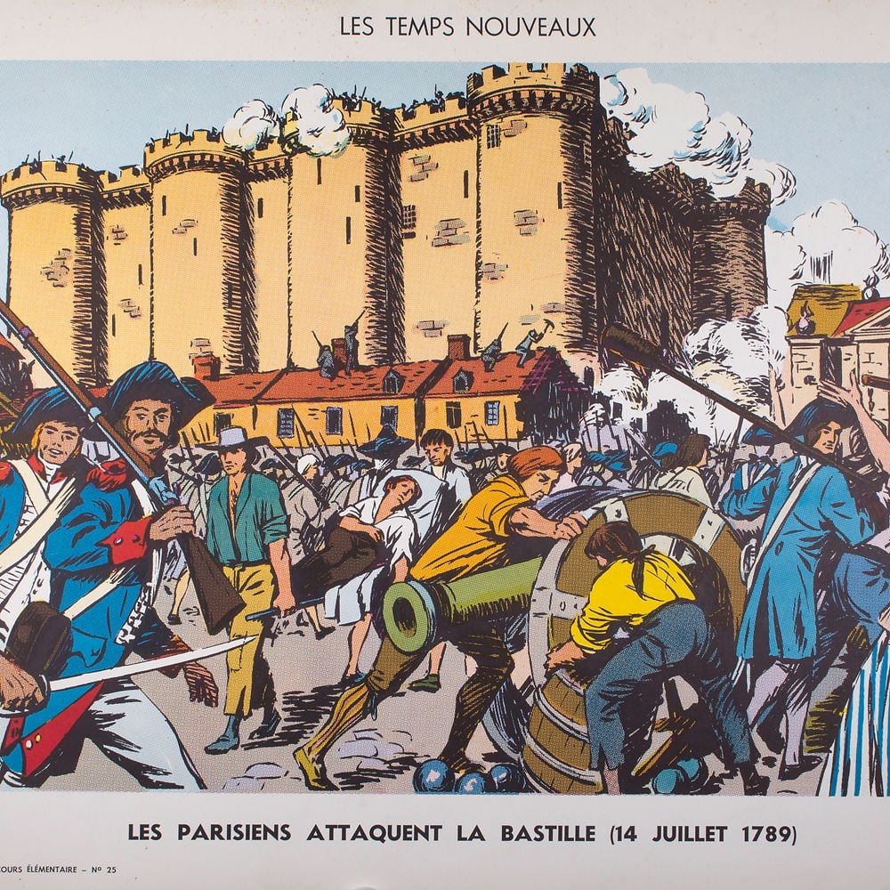 Vintage History french School Poster, Georges Lang 23 and 26 circa 1950: Original educational history poster for elementary school, printed by the Imprimerie Georges Lang. Carries a vibrant offset print on both sides of the paper. This features No. 23 and 26 from the Table