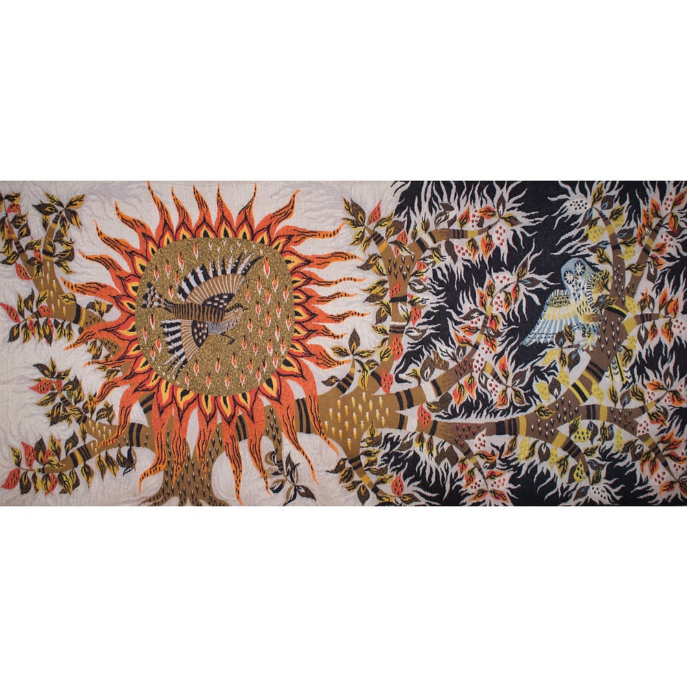 RAY Michèle cartonnier for ROBERT FOUR "night and day " Aubusson tapestry: RAY Michèle (born in 1933), cartonnier for ROBERT FOUR "Day and Night " Wool tapestry jacquard weaved .; Those tapestry placed on wall to bring an organic feel to a mid century interior answered