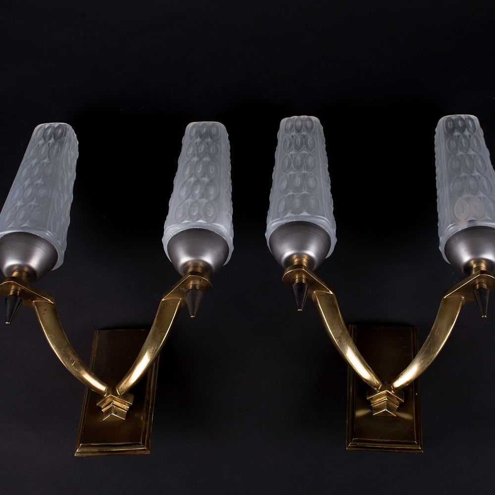 Second set Pair of Brass Sconces maison Lunel French mid century maison Arlus: Raymond Lunel started Edition lunel in 1950 , the use of opaline , precious wood and brass is congruent with his production .Working in close collaboration with the like of Guariche and Mathieu his tr
