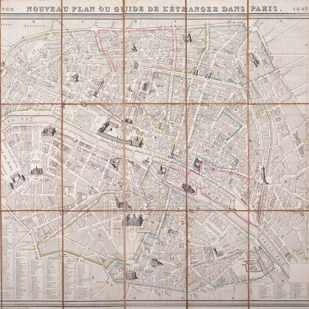 French Paris map Logerot Paris 1843 guide de l'etranger: French map of Paris nouveau GUIDE DE L'ETRANGER circa 1843 edited by “Logerot 55 quai des Augustine ” little is know about this publisher beside his location ,Auguste Logerot ( aka Augusti