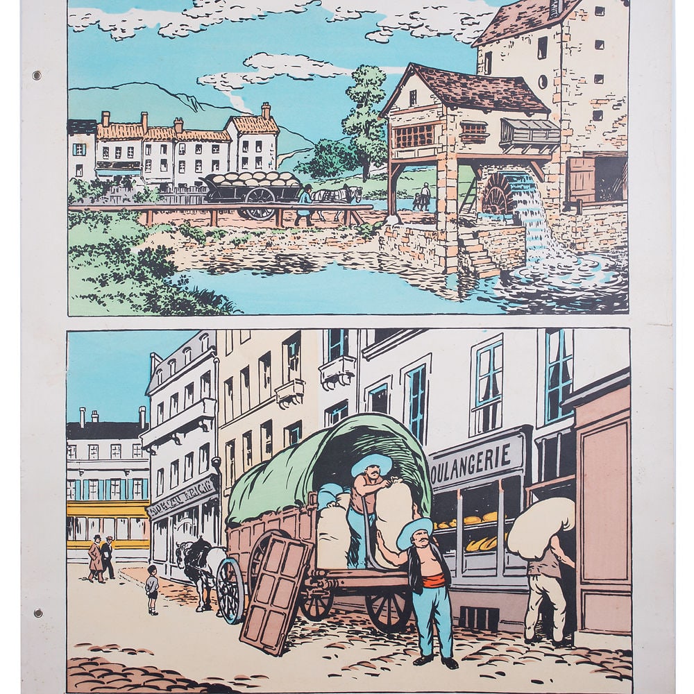 Vintage French School Poster Fernand Nathan Farming - Double-Sided 1920/1940: Original educational for elementary school edite by Fernand Nathan , printed by the imprimerie Gaillac-Monrocq. It Carries a vibrant offset print on both sides of the paper featuring about miller and 