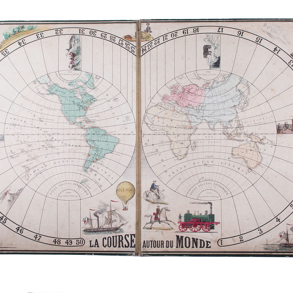 The Race Around the World, Coqueret, publisher, lithographs. H. Jannin, Paris,": The Race Around the World, Coqueret, publisher, lithographs. H. Jannin, Paris, late 19th century. Beautiful cardboard cover, illustrated with a transportation theme: balloon, spaceship, railway, horse