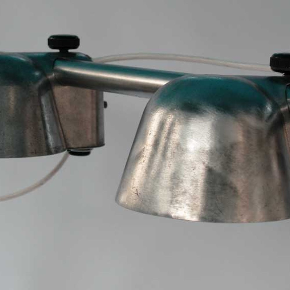 FRENCH INDUSTRIAL MODERNIST FACTORY LAMP INDUSTRIEL: French modernist lamp made in the 1950's or earlier .It move in any direction from the base and can be oriented anywhere from the top. .While it has been cleaned I left its original patina . It can be