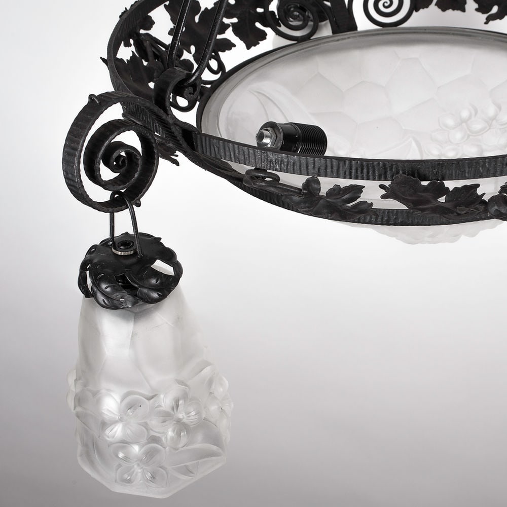 FRENCH Art-Deco Chandelier Degue David Guéron Ros signature pressed glass - 2