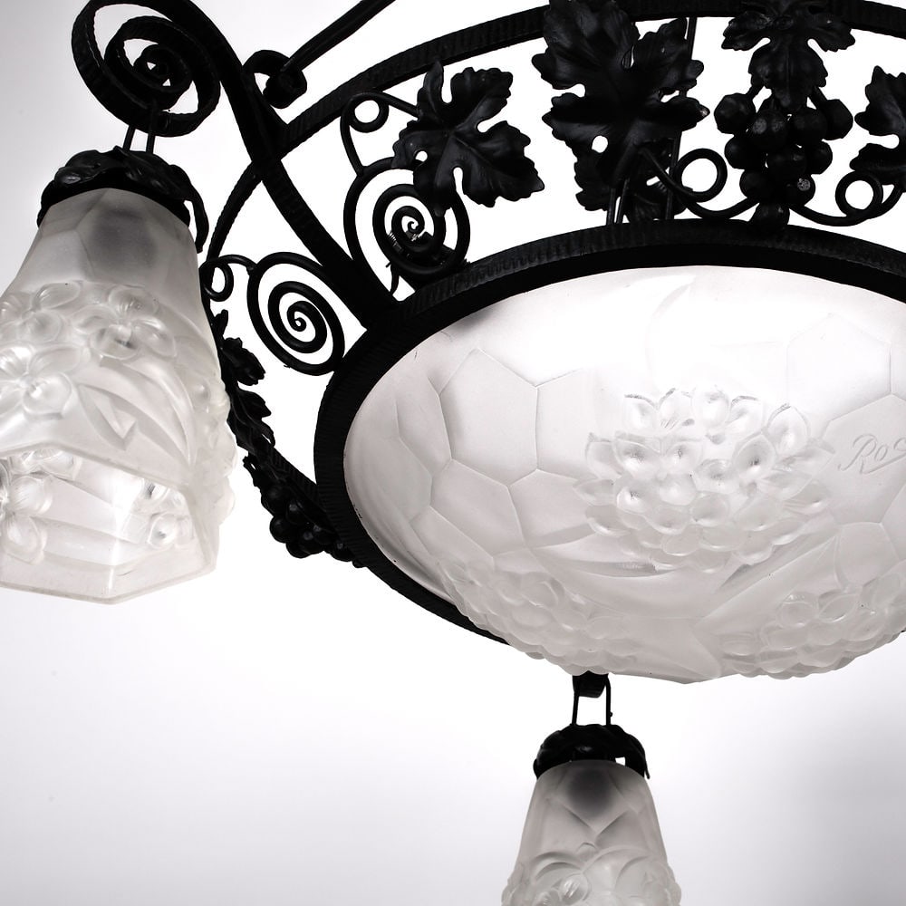 FRENCH Art-Deco Chandelier Degue David Guéron Ros signature pressed glass - 5