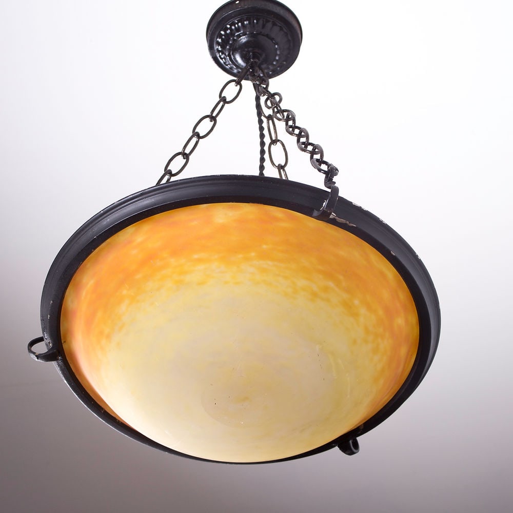 French Art-Deco marmoreal Chandelier Lorrain Nancy Croismare: Made in France in the late 1920's early 1930's, this chandelier is a signed from the grande verrerie de Croismare whose renowned work was highly desired for their chandeliers and art glass pieces. It