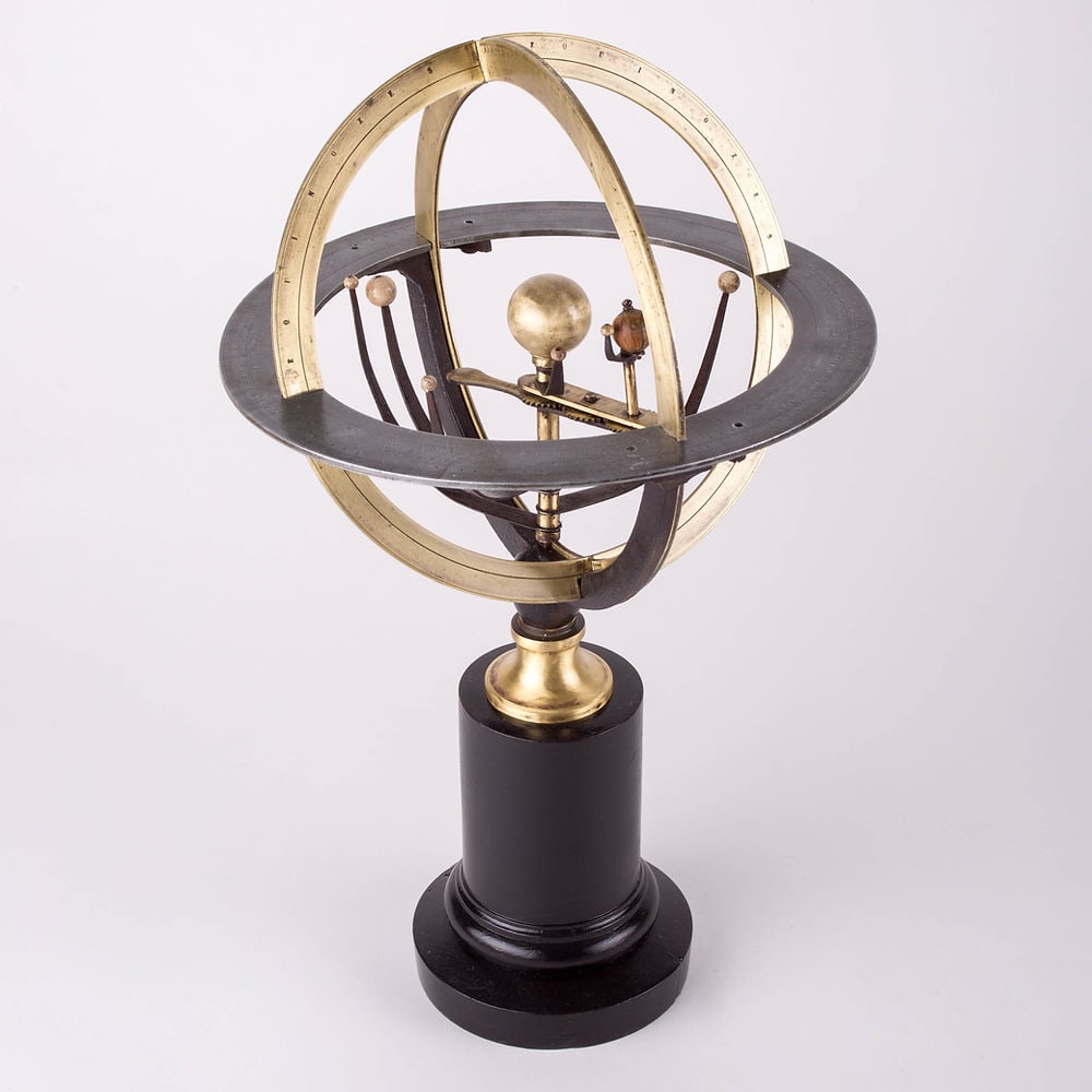 French Copernican Armillary Sphere Brass Charles Dien 1830: French Copernican armillary sphere, made of brass and other metals and raised on an ebonized wood stand. It has various representations of the sun, the earth and moon, six planets ( before 1846 since 