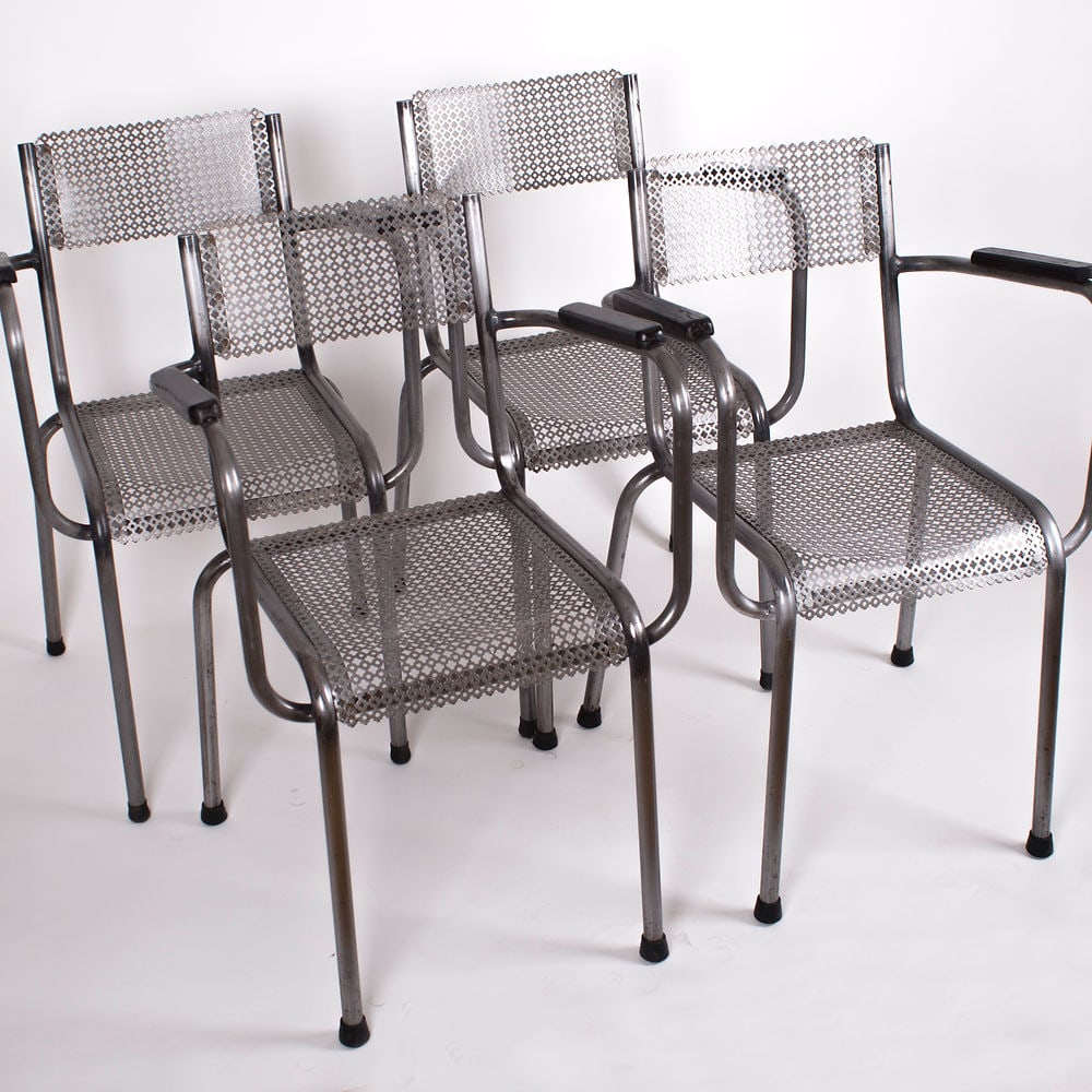 MATHIEU MATEGOT set of 4 metal armchair Cad rigitulle french mid century (1 of 12)